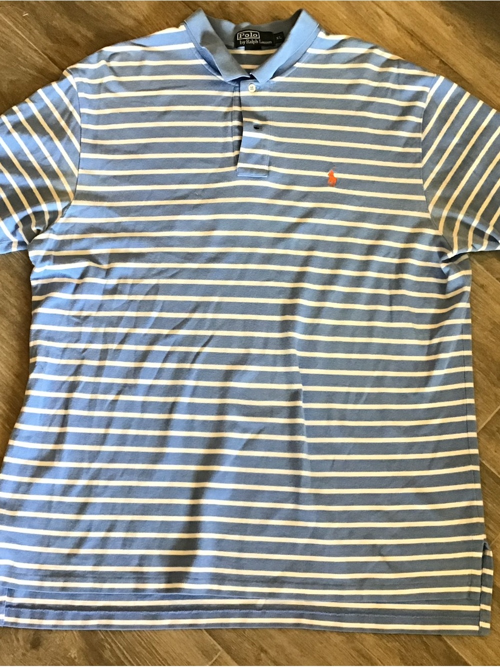 Ralph Lauren Light Blue & White Striped Polo with Orange Pony